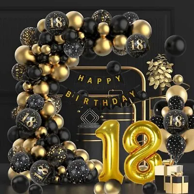 18th Happy Birthday Decorations Black Gold Balloons Garland Arch Party Banner • £10.89