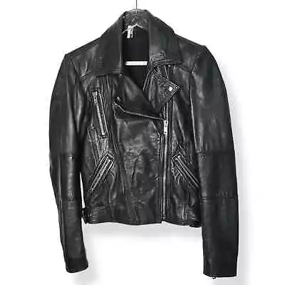 TopShop Rosemary Mack Real Leather Black Moto Biker Jacket Coat Size 4 • $124.99