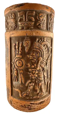 Vintage Mayan Style Terracotta Pottery Cylinder Vase Incised Deep Relief 7 1/2 T • $119.99