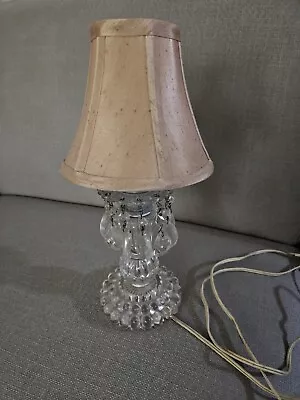 Vtg Crystal  Hurricane Boudoir Lamp ~ Clear Glass ~ Clip On Shade ~ Prisms • $38.79