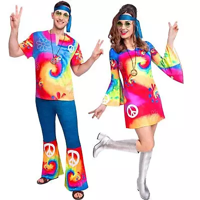 Adult's Women's Men's 70's 60s Tie Dye Hippy Hippie Couples Fancy Dress Costume  • £25.97