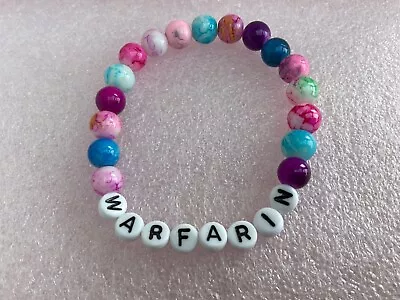 WARFARIN AWARENESS 8mm Coloured Marble Glass Beads Elasticated Bracelet MEDICAL • £3.99