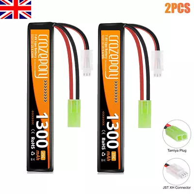 2x1300mAh 7.4V Hobby Airsoft Battery LiPo Stick Rechargeable Battery Mini Tamiya • £18.04