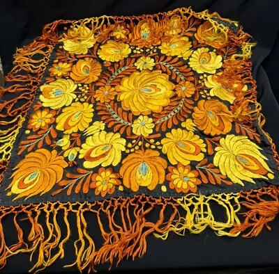 Gorgeous Antique Hungarian Matyo Silk Embroidery Tablecloth  Fringe Wall Hanging • $250