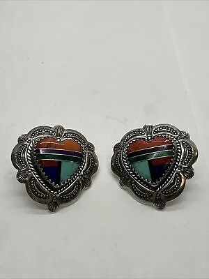 Vintage QT 925 Sterling Silver Heart Pierced Earrings Inlayed With 6 Color Gems. • $59.99