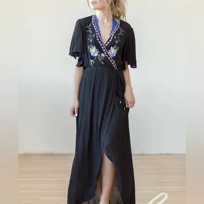 Lovestitch NWT Ibiza Black Floral Embroidered Short Sleeve Maxi Dress Size M • $32