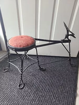 VTG.Primitive Twisted Metal Wire Wood Shoe Shine Stool Bench Wood  & Cloth Seat • $202.50