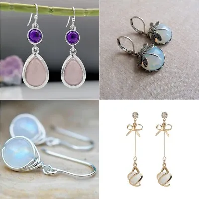 925 Silver Zirconia Moonstone Earrings Pearl Ear Hook Dangle Drop Gift Jewelry • $2.26