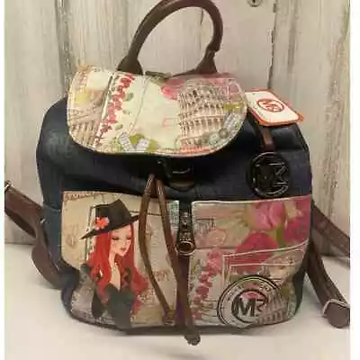 Michael Michelle Hand Painted Denim Backpack Floral NWT Paris Print Handbag  • $157.50