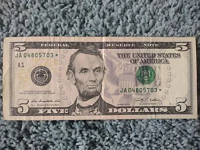 5 Dollar Bill JA 04805703 * Series 2009 A1 Star Note Front #A3&A10 Back #15 Nice • $19.99