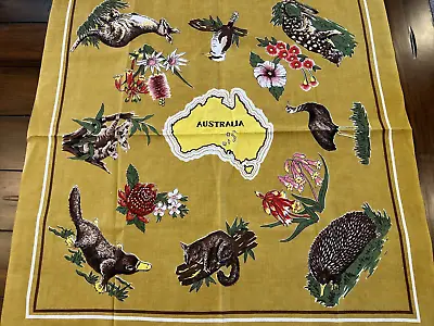 Vintage Brown Gold Cotton Linen Australia Tablecloth Topper 33  Sq Animal Flower • $19.99