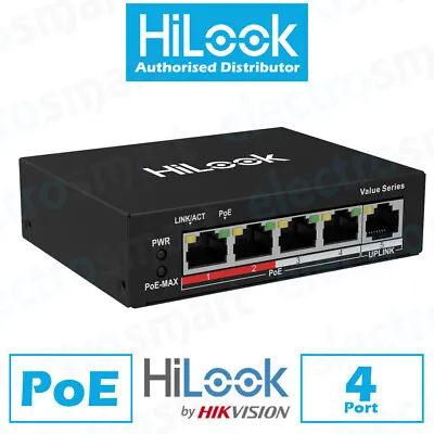 HiLook 4 Port PoE Network Switch 100 Mbps For CCTV IP Cameras 1 In 4 Out Split • £39.99