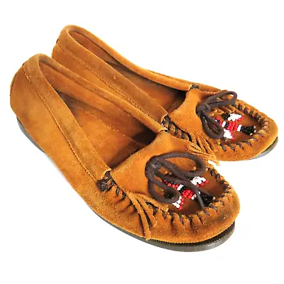 Minnetonka Women's Leather Beaded Thunderbird Eagle Tan Suede Moccasins Size 8 • $30