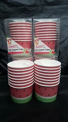 24x Disposable Paper And Spoons Delicious Ice Cream Jelly Sweet Treat Tubs Party • £8.99