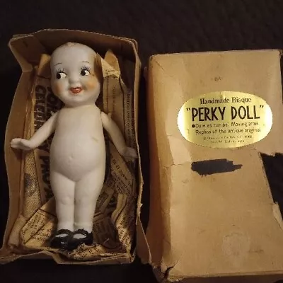 VTG Shackman Bisque Perky Doll Kewpie Ceramic Frozen Body Jointed Arms 5  In Box • $24.90