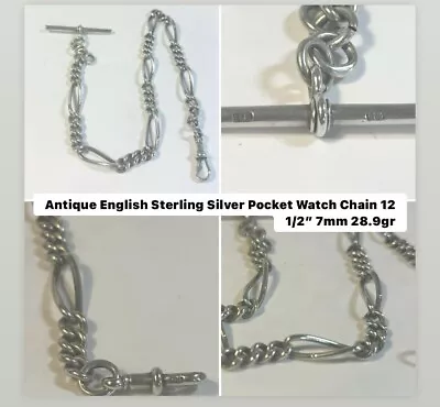 Antique English Hallmark Sterling Silver Pocket Watch Chain 12 1/2” 7mm • $150