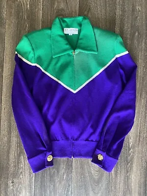 Vintage St John Purple Green Gold Buttons Cardigan Sweater Full ZIP Embroidered • $45