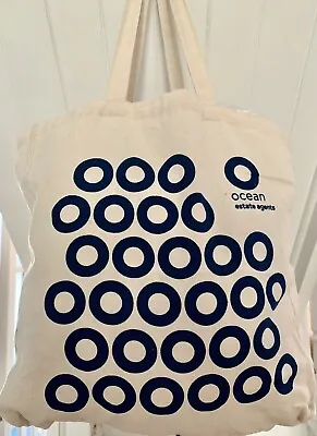 Long Handled Printed Tote Bag Calico Unbleached Blue Rings Design 38x39x10.5cm • £2.99