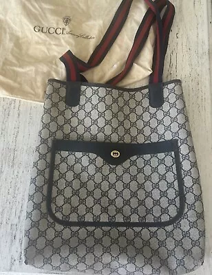 Vintage Estate Gucci Shoulder Tote Bag Sherry Line Navy With Dust Bag • $41