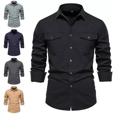 Men Shirts Long Sleeve Tops Formal Lapel Neck Mens Tunic Shirt Business Slim Fit • $27.69