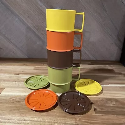 4 Vintage Tupperware Stackable Mug Coffee Cups Harvest Colors With Lids Coasters • $12