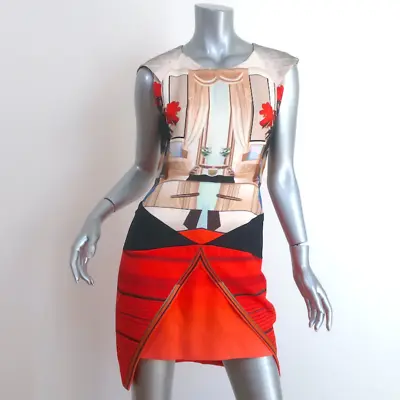 Mary Katrantzou Cap Sleeve Mini Dress Red/Multi Printed Hammered Silk Size 8 • $250