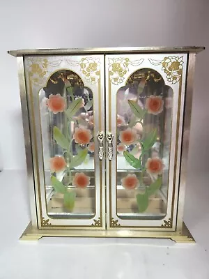 Vintage Metal Jewelry Armoire Mirrored Back Glass Doors Etched Floral Detail • $81