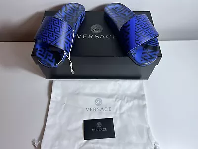 New Versace Gomma Greca Pattern Slides Black Royal Blue Casual Sandals Sz 40 • $169