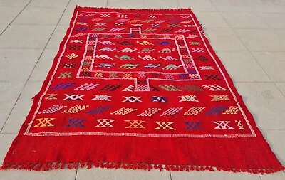 Authentic Hand Knotted Vintage Morocco Sumouk Kilim Wool Area Rug 4.5 X 3.1 Ft • $0.99