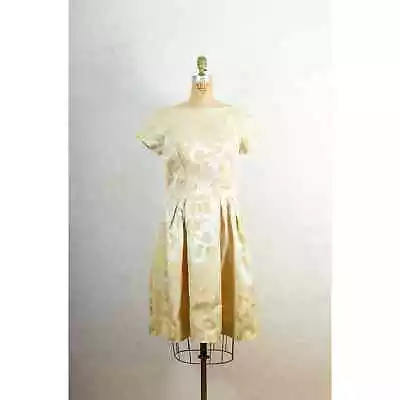 Vintage 60s Gold Champagne Silk Brocade Floral Cocktail Party Dress Small • $49