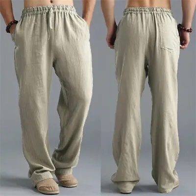 Mens Cotton Linen Pants Drawstring Loose Baggy Elasticated Beach Lounge Trousers • $16.99