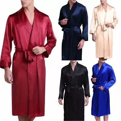 Mens Night Silk Satin Robe Pyjamas Room Bathrobe Robes Long Satin Gown Kimono • $14.82