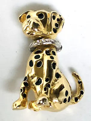Dalmation Dog Brooch Pin Vintage Gold Tone Clear Rhinestone Collar • $14.50