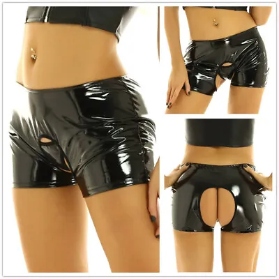 £6.19 • Buy Women PVC Wet Look Knickers Crotchless Panties Shiny Leather Shorts Underwear