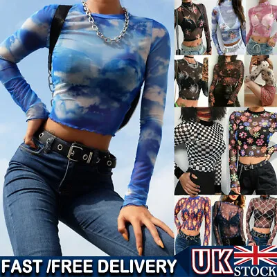 Women Sheer Mesh Fishnet Crop Top See Through Long Sleeve Stretchy Shirts Blouse • £8.77