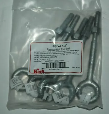 Lot Of 5  3/8  X 4-1/2  Long Eye Bolts With Nut Galvanized Light Duty  WL 1200 # • $23.50