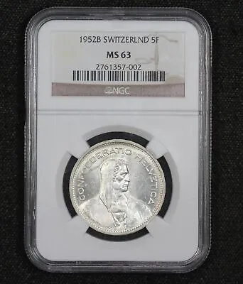 1952 Switzerland 5 Francs NGC MS63 3IER • $187