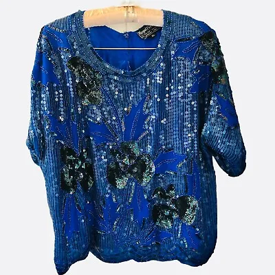 Vintage Royal Feelings Silk Top XLarge Womens Blue Gold Sequins Beads Blouse • $41.11