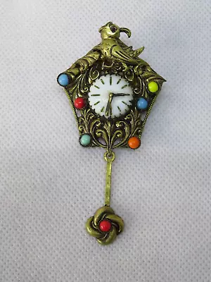 Vintage Cuckoo Clock Brooch Rhinestones Crystals Signed Czechoslovakia Pendulum • $29