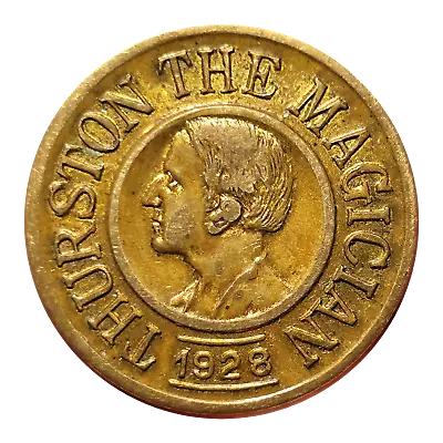 Vtg. GOOD LUCK Token Magic Medal 1928 THURSTON THE MAGICIAN Pictorial Charm Coin • $0.99
