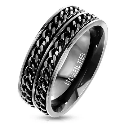 Mens Black STAINLESS STEEL Double Chain Ring Band Spin Spinner UK SELLER Fidget • £4.25