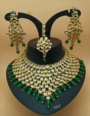$21.40 • Buy Indian Bollywood Gold Green Kundan Pearl Bridal Choker Necklace Jewelry Set