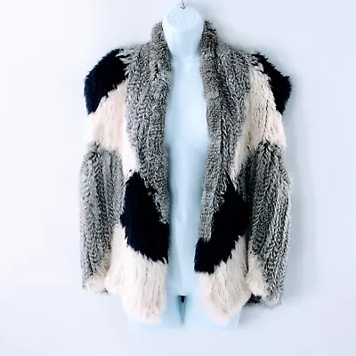 Vince Women's Fur Vest White Grey Blue Colorblock Oversized Open Front Sz XS / S • $125