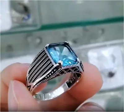 Solid Sterling 925 Silver Men's Jewelry Setting Swiss Blue Topaz Mens Ring • $36