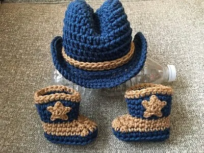 $23.99 • Buy COWBOY Newborn Baby HAT And BOOTS Set BLUE WARM BROWN Crochet 0-3  Mo PHOTO PROP