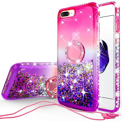$9.98 • Buy For IPhone 8 Plus/ 7 Plus Liquid Glitter Phone Case Girls With Kickstand Pink