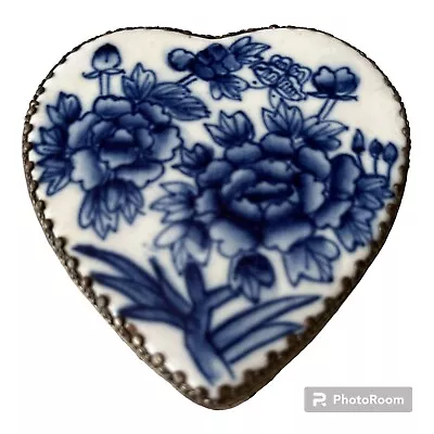 Vintage Shard Shaped Heart Trinket Box Blue White Porcelain Mirror Metal • $12