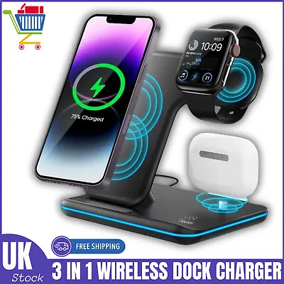 3in1 Charger Dock Fast Charging Station For Apple Watch 9 8 7 SE IPhone 14 13 12 • £6.55