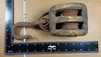 Vintage SMALL DOUBLE WHEEL Wooden Pulleys Block And Tackle • $29.95