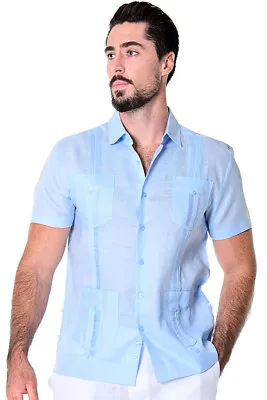 Bohio 100% Linen Guayabera Shirt For Men -Lt. Blue Traditional (4) Pocket -LS399 • $59.99